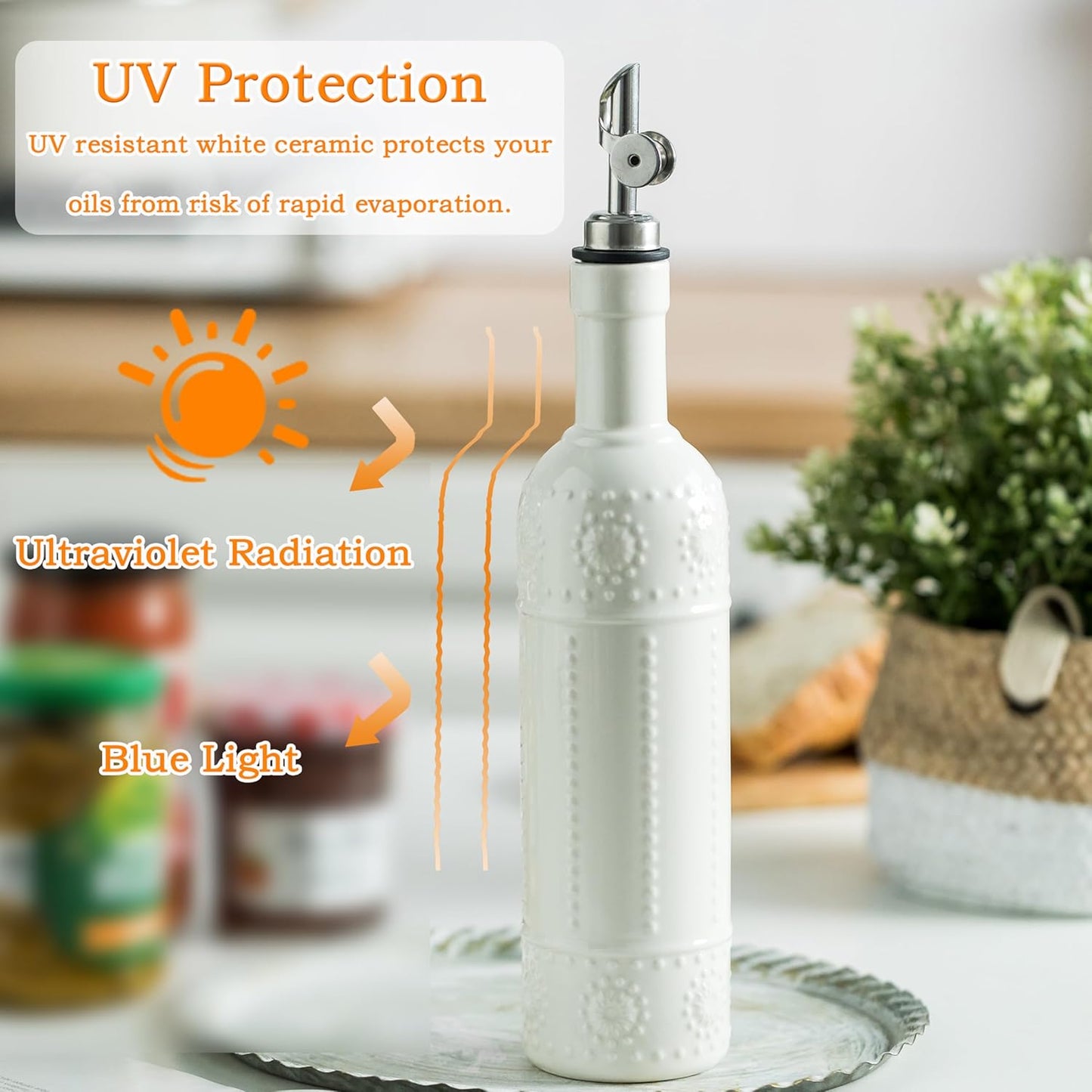 LYEOBOH Olive Oil Dispenser Bottle, Oil Dispenser for Kitchen, Ceramic Cooking Vinegar Dispensing Bottles with Spout, White
