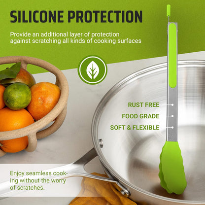 Kaluns Kitchen Tongs for Cooking Grilling Set of 4, BBQ Grill Tongs With Silicone Tip Stainless Steel Heat Resistant, Non-stick Pull Lock, Incl 7, 9, 12 Inch Tong Plus a Silicone Spatula