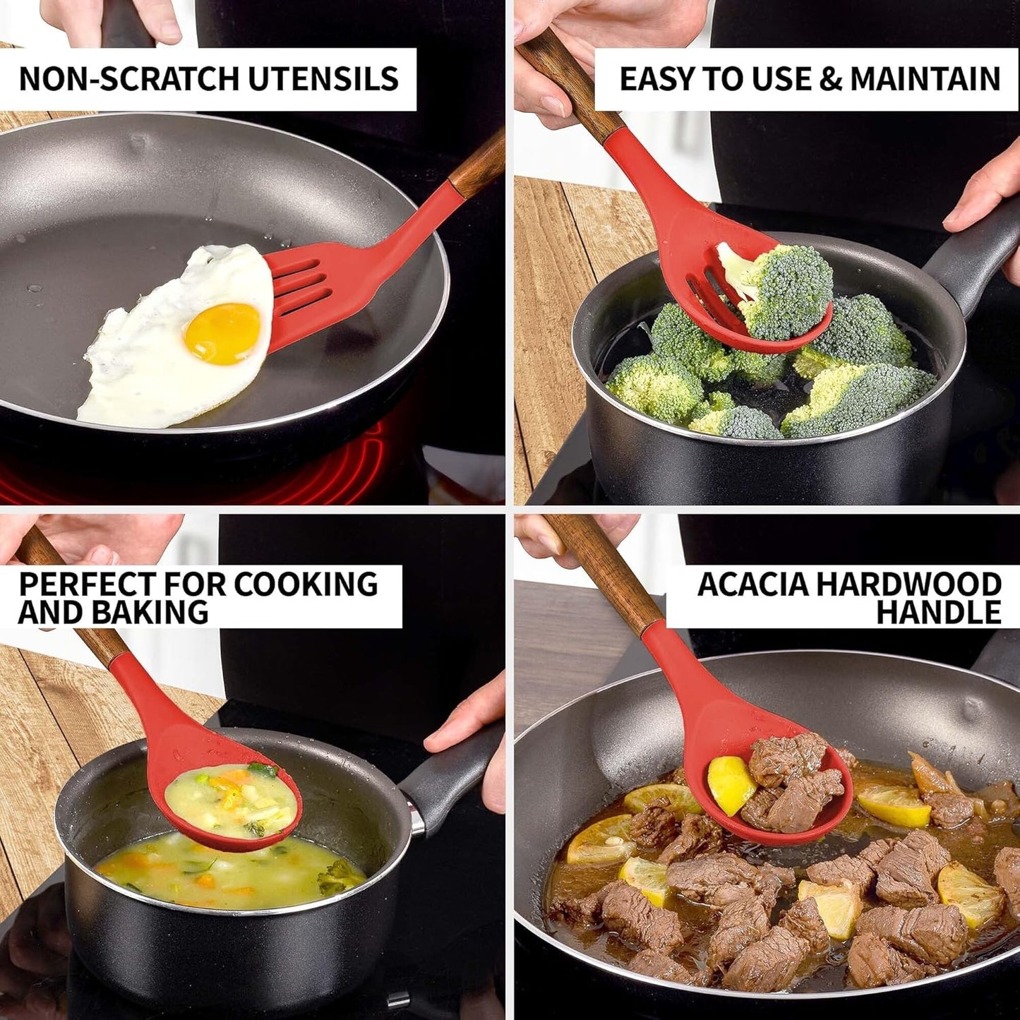 Zulay Kitchen Utensils Set Non-Stick Silicone Cooking Utensils Set with Authentic Acacia Wood Handles - 5 Piece Silicone Utensil Set - Kitchen Utensils Set with 464°F Heat Resistance - Gray