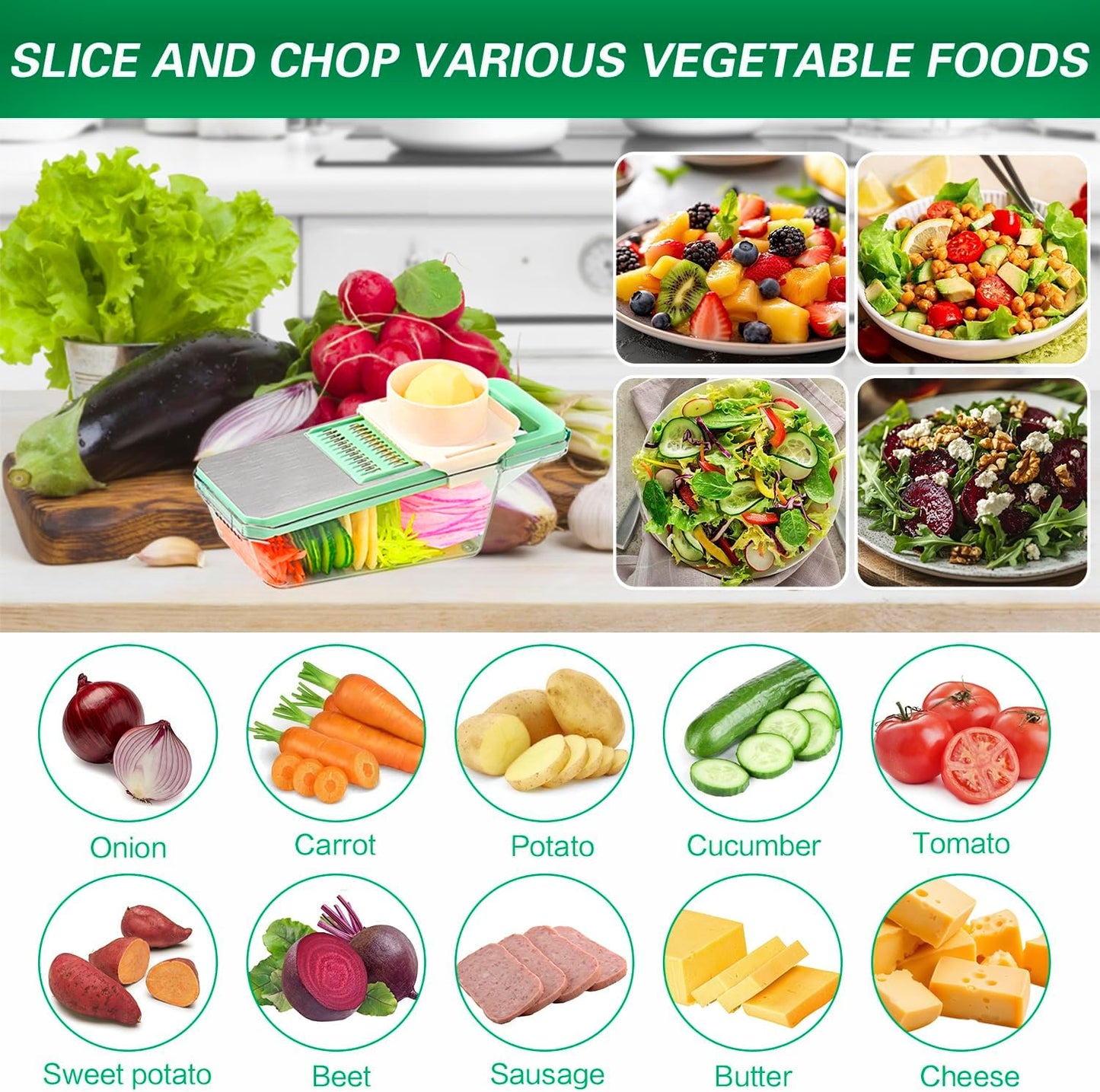 Mandolin Slicer For Kitchen Food，Hand Safe Veggie Chopper with Container and Lid, Dicer, Slicer,3 Mandoline Blades Vegetable Cutter For Onion，Potato，Carrot，Essential Kitchen Gadgets-(6 in 1, Green)，