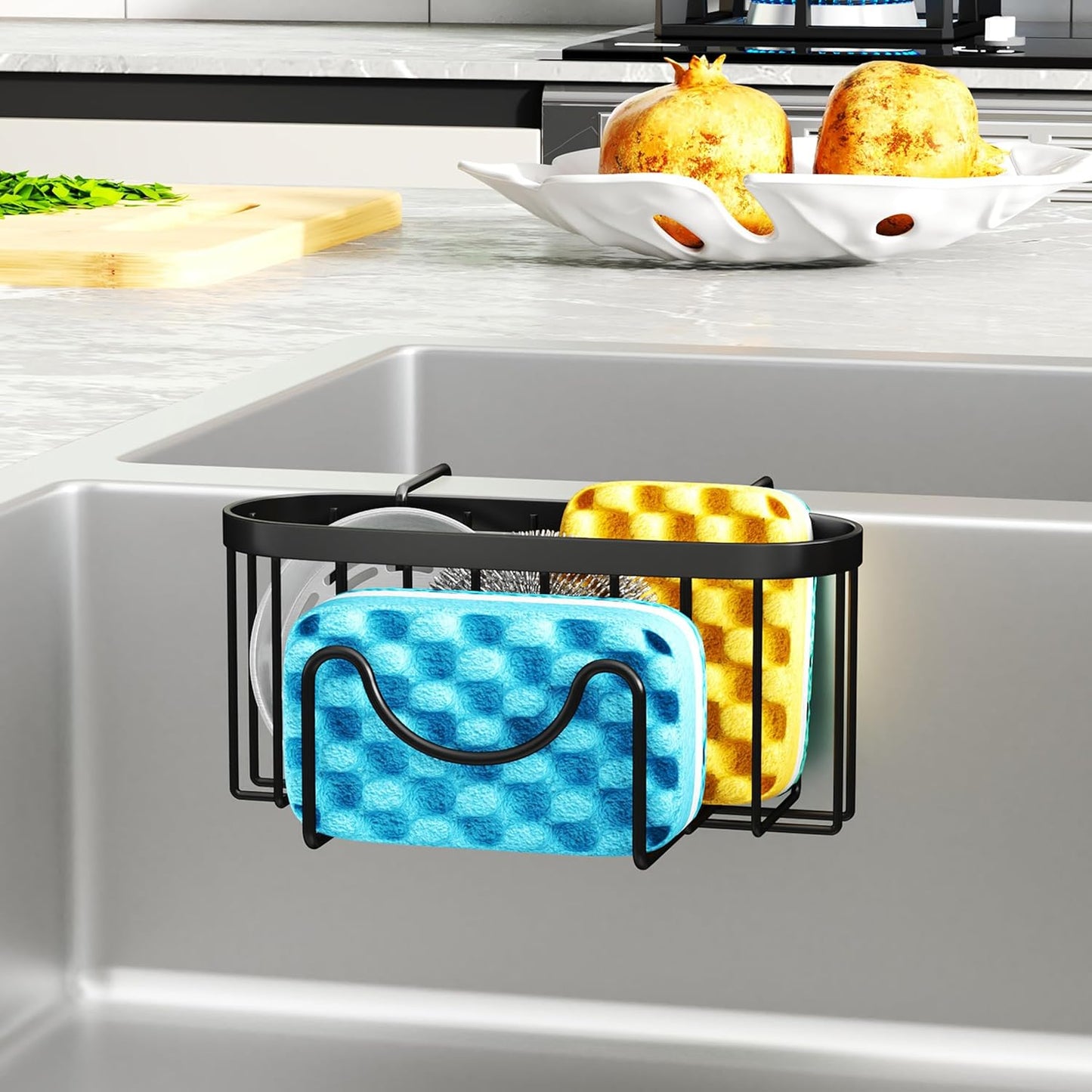 HapiRm Multifunctional Sponge Holder with Unique M-Shaped, 2 Installation Methods Kitchen Sink Caddy Organizer, Rustproof Stainless Steel Kitchen Organizers and Storage Essentials - Black