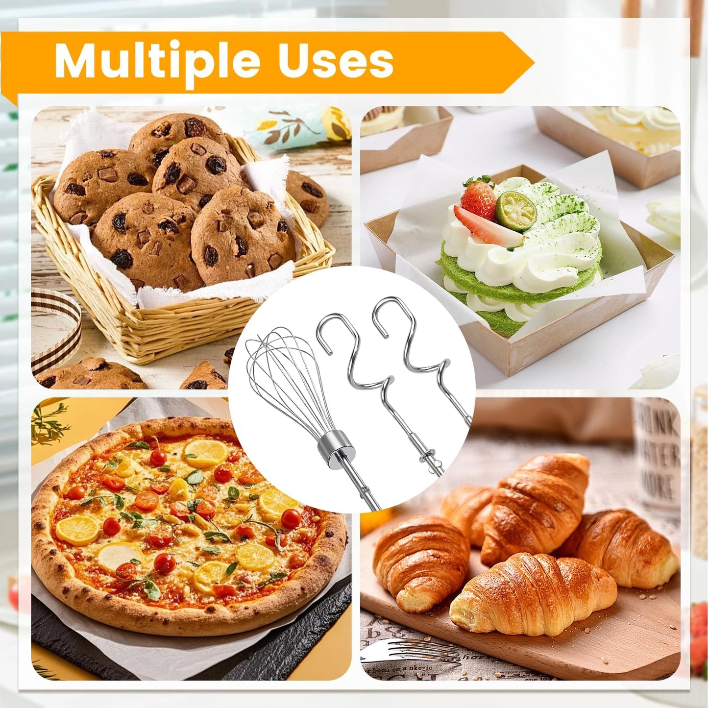 6 Pcs Hand Mixer Beater Attachments for KitchenAid Hand Mixers KHM3 KHM5 KHM7 KHM9, Stainless Steel Hand Mixer Beaters, Whisk, Blending Rod and Dough Hooks