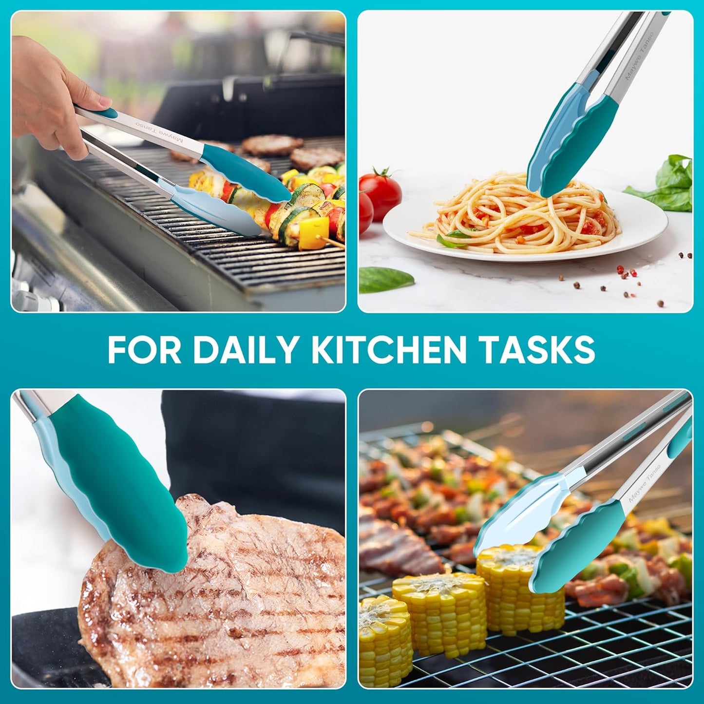 600℉ Heat Resistant Kitchen Tongs for Cooking with Silicone Tips,Maywe Tanso 12-Inch Stainless Steel Locking Cooking Tongs Food Tongs for BBQ,Cooking,Salad and Serving Food,Heavy Duty,Non-Stick,Black