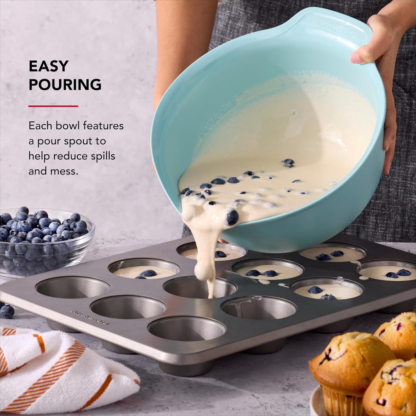 KitchenAid Universal Nesting Plastic Mixing Bowls, Set Of 3, 2.5 quart, 3.5 quart, 4.5 quart, Non Slip Base with Easy Pour Spout to Reduce Mess, Dishwasher Safe, Aqua Sky, White, Gray