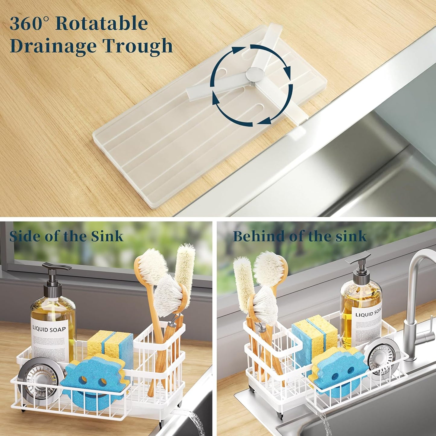 Consumest Sponge Holder for Kitchen Sink - Auto Draining Sink Caddy Organizer with Detachable Rack, High Brush Holder, Kitchen Countertop Storage Accessories, Black