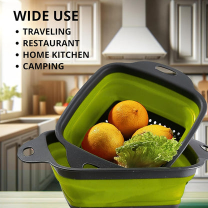 Green Kitchen Strainer Colander Set - 2 PCS Multifunctional Colander Silicone Food Strainers for Kitchen for Pasta and Spaghetti Collapsible with Plastic Handles