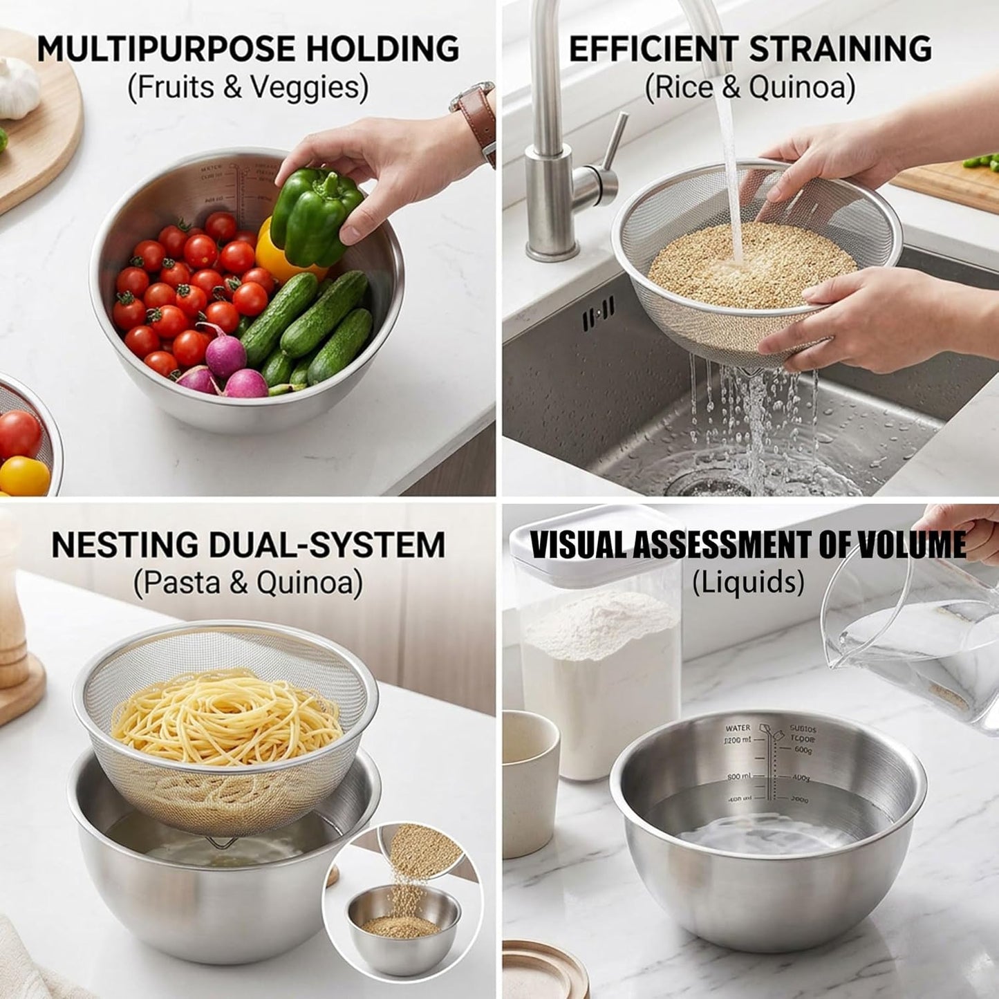 3.5QT Stainless Steel strainer bowl Set, Rice Washing Bowl with SUS304 Food Grade Metal Mixing Bowl with Measurement Marks, Large Fruit Washing Bowl for Rice, Quinoa, Pasta, Vegetables,2 Pack