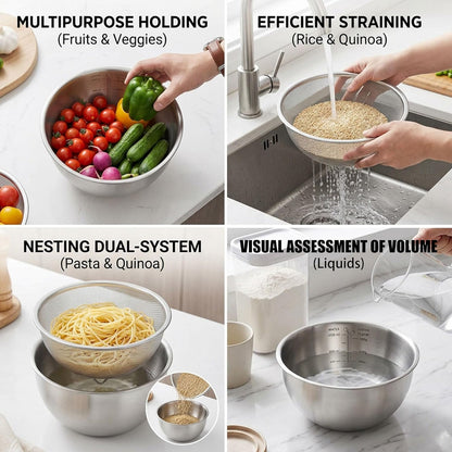 3.5QT Stainless Steel strainer bowl Set, Rice Washing Bowl with SUS304 Food Grade Metal Mixing Bowl with Measurement Marks, Large Fruit Washing Bowl for Rice, Quinoa, Pasta, Vegetables,2 Pack