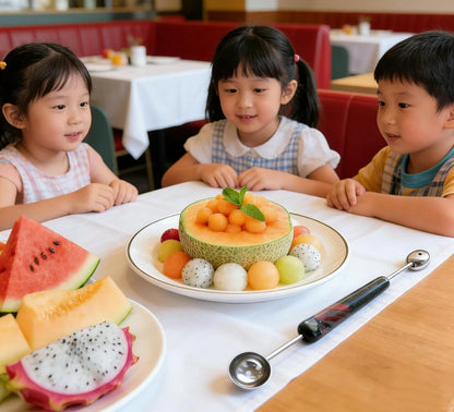 Homestia Double-Sided Stainless Steel Melon Baller - Fruit Ice Cream Scoop Spoon for Watermelon, Cantaloupe, Sorbet, Meatballs, 9.6 Inch with Gemstone Handle Icecream Melon Scooper