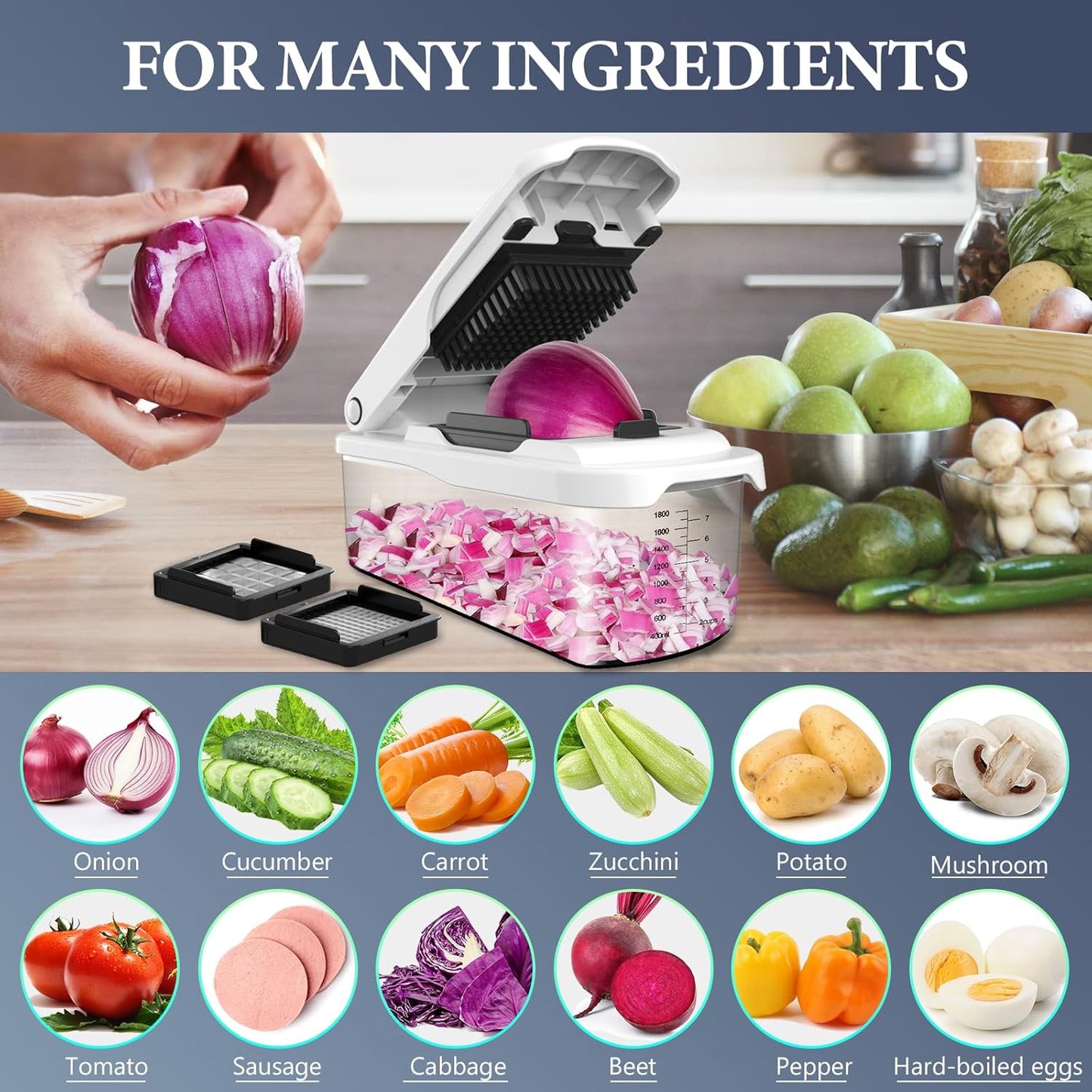 Ourokhome Veggie Chopper and Dicer with Container, Manual Hand Food Mandolin Slicer with 4 in 1 Handheld Vegetable Spiralizer for Zucchini, Potato, Onion, Essential Kitchen Gadgets (12 in 1, Gray)