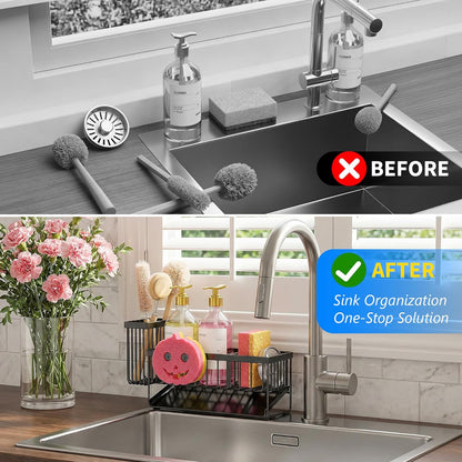 Sponge Holder for Kitchen Sink, Smiley Face Sink Caddy with Removable Brush Holder,Self-Draining Sponge Caddy for Sponge,Soap,Dish Brush,Scrubber,Kitchen Essentials and Gadgets
