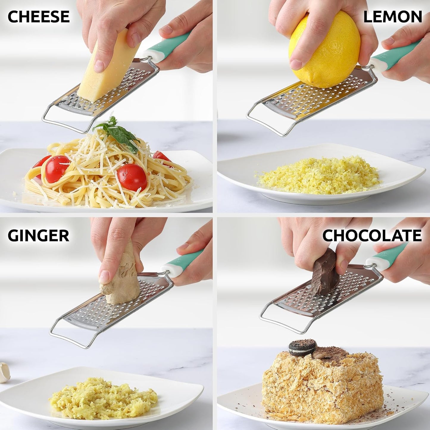 Zulay Kitchen Professional Cheese Grater Stainless Steel - Durable Rust-Proof Metal Lemon Zester Grater With Handle - Flat Handheld Grater For Cheese, Chocolate, Spices, And More - White