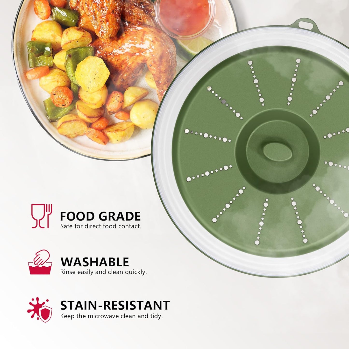 WVM Microwave Splatter Cover Vented for Food with Hook Hole, Splatter Guard & Colander Kitchen Gadget for Food, Meal Prep, Grey