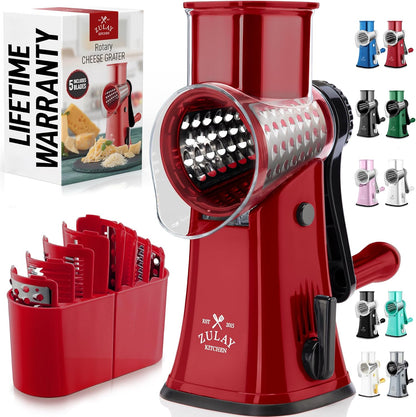 Zulay Kitchen Rotary Cheese Grater 5 Blade Cheese Shredder - Manual Hand Crank Cheese Grater With Reinforced Suction & 5 Interchangeable Drums - Easy to Use, Vegetable Chopper Round Mandoline Slicer - Colors B