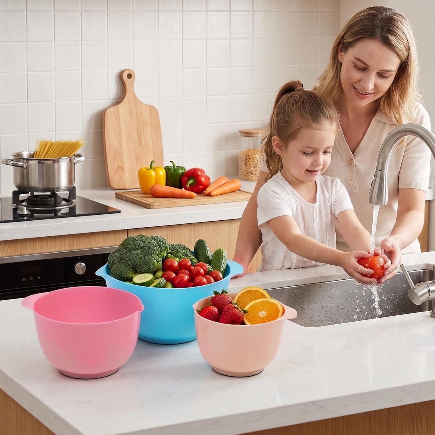 BoxedHome Green Ombre Nesting Plastic Mixing Bowl Set With Pour Spout, Microwave and Dishwasher Safe, BPA free Non-Slip Base, Set of 4 Size 1.7, 2.5, 3.5 and 4.5qt, Great for Prepping, Baking, Cooking