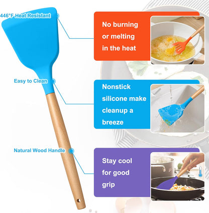 E-far Silicone Cooking Utensils Set, 10-Piece Heat Resistant Kitchen Utensils Set with Wooden Handle for Nonstick Cookware, Kitchen Nonstick Tools Spatula Whisk Tongs Ladle, Non-toxic & Healthy(Khaki)