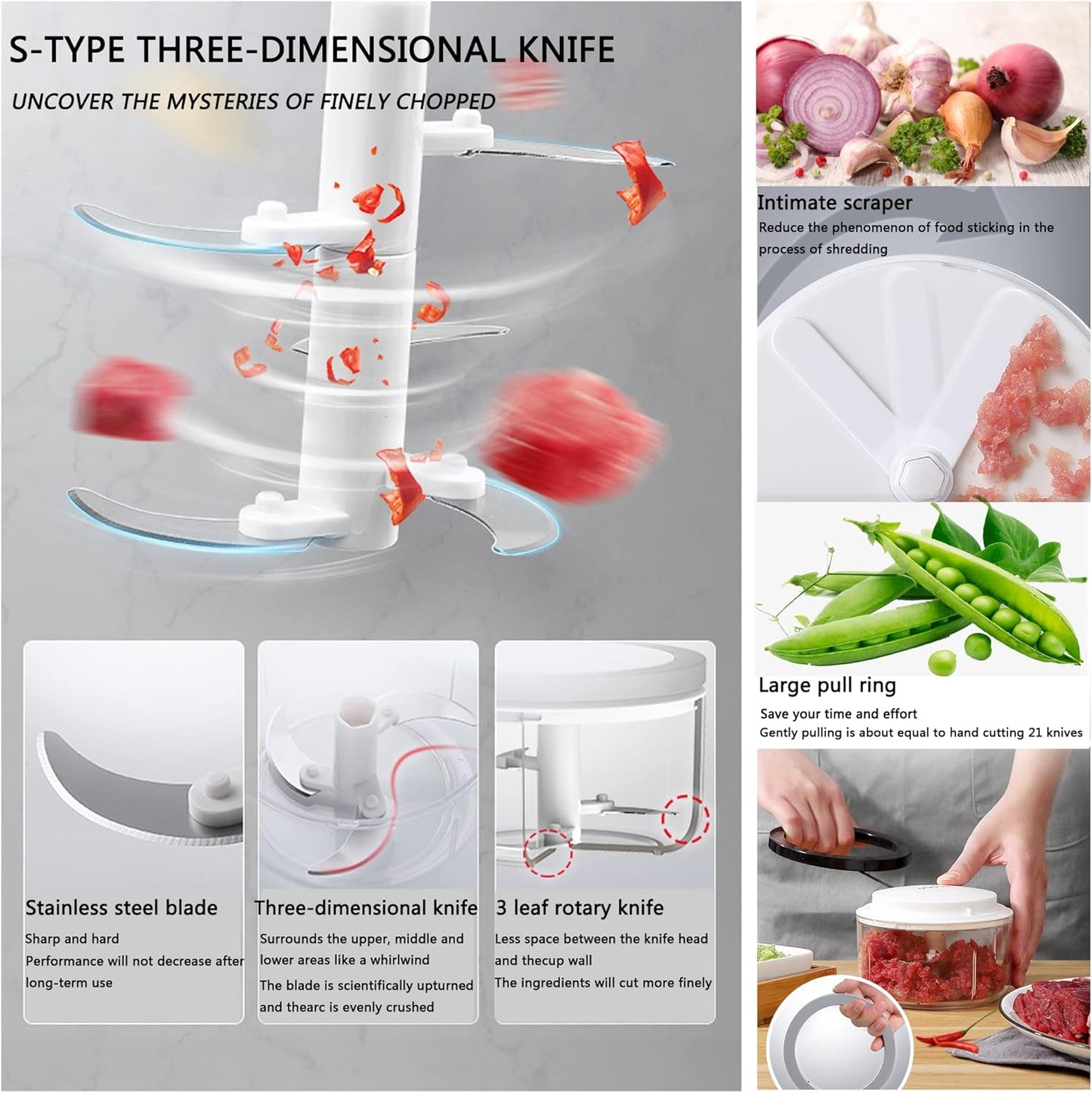 Manual Food Processor Vegetable Chopper, ZWCEGND 1000ML Onion Chopper Hand Pull String Garlic Chopper Mincer, Whisk and Smoothie Blender