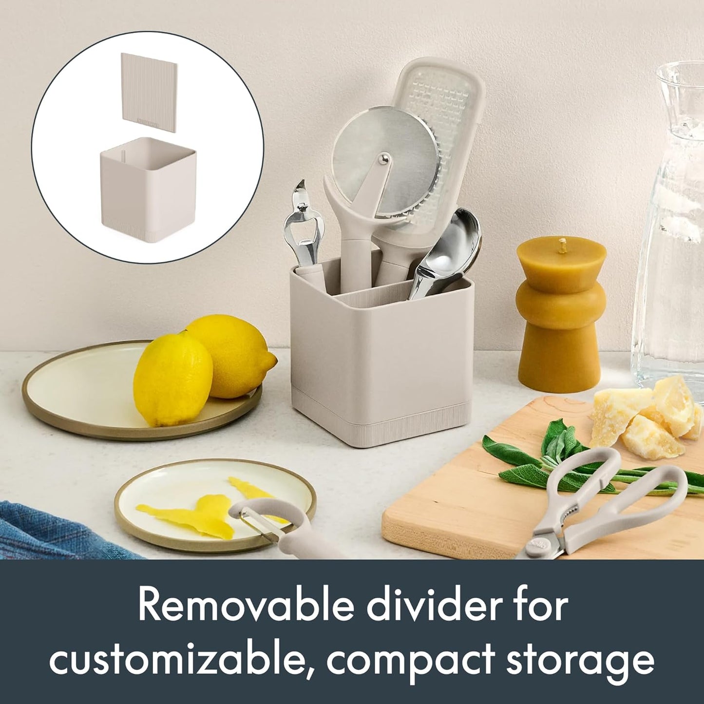 bella 6-Piece Modular Tool Set, Silicone, Turner, Spoon, Slotted Spoon, Spatula, Tongs, Crock with removable divider, Non-toxic*, Food-grade, Heat safe to 425°F, Dishwasher Safe, Slate