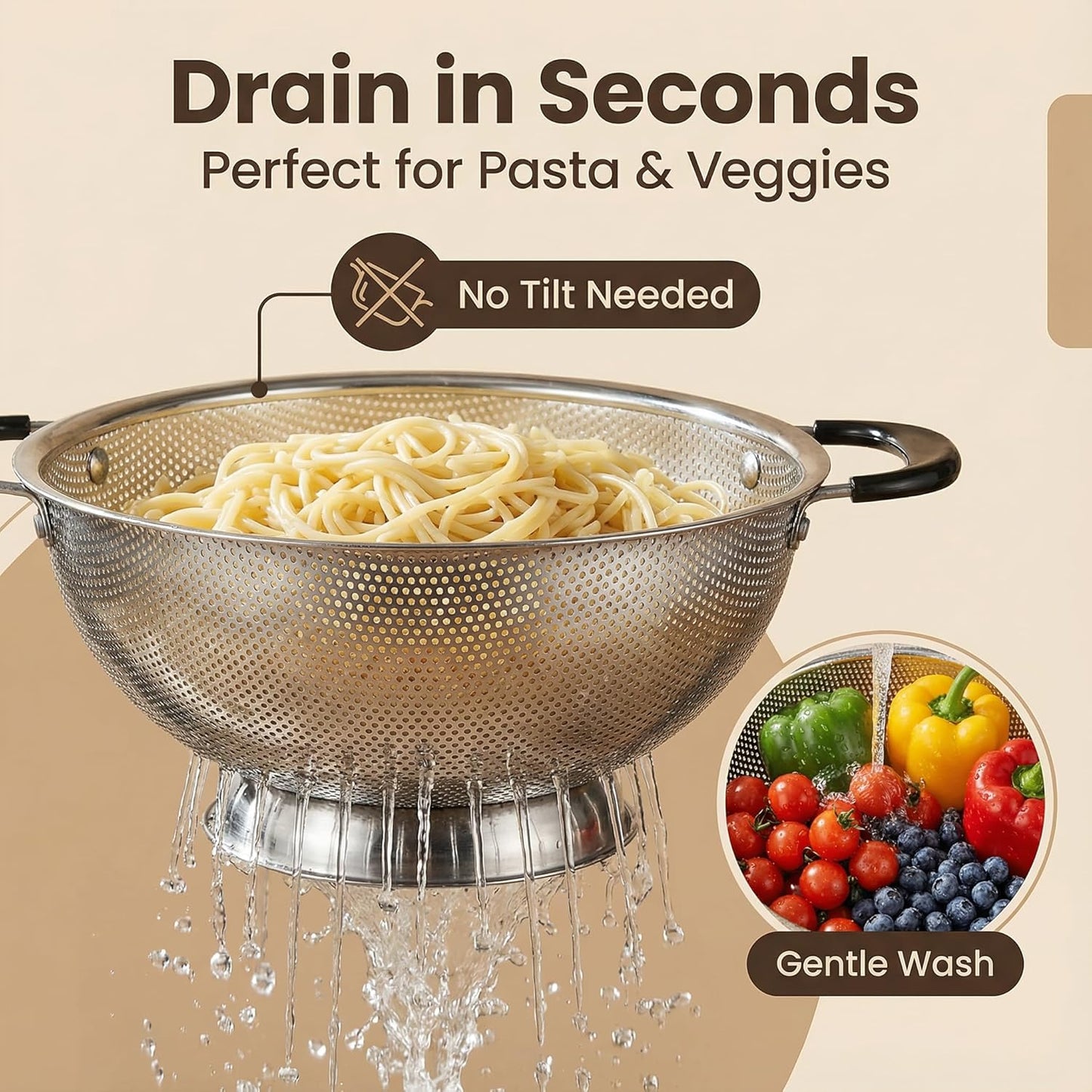 304 Stainless Steel Colander, Micro-Perforated 3-Quart Strainer with Base, Dishwasher Safe. Great for Pasta, Noodles, Vegetables & Fruits