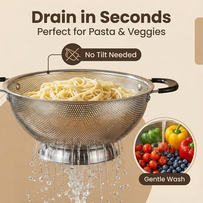 304 Stainless Steel Colander, Micro-Perforated 3-Quart Strainer with Base, Dishwasher Safe. Great for Pasta, Noodles, Vegetables & Fruits
