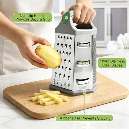 Cheese Grater, 6 Sides Box Graters for Kitchen, Stainless Steel Food Shredders for Cheese Vegetables Potatoes Carrot (Pink Handle)