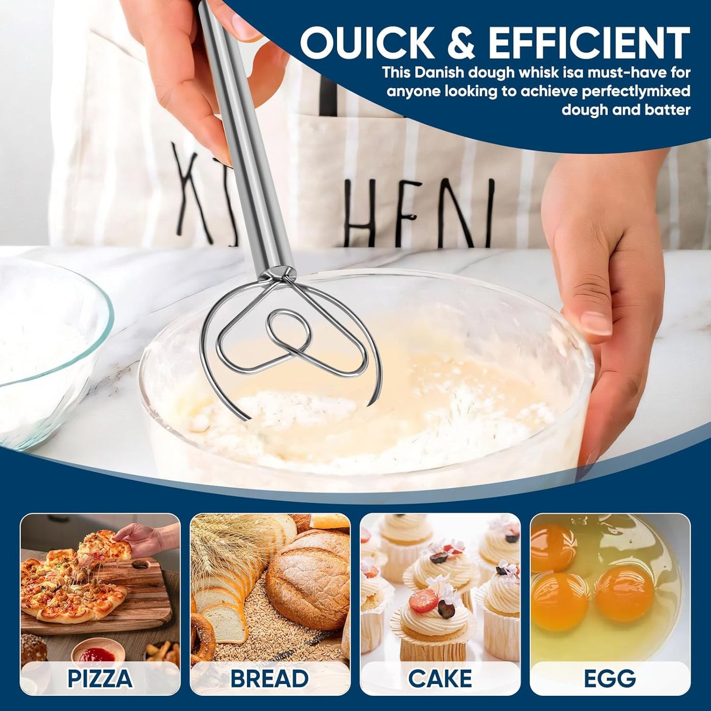 Danish Dough Whisk Stainless Steel Wooden Handle for Sourdough Bread Pizza and Pastry Making