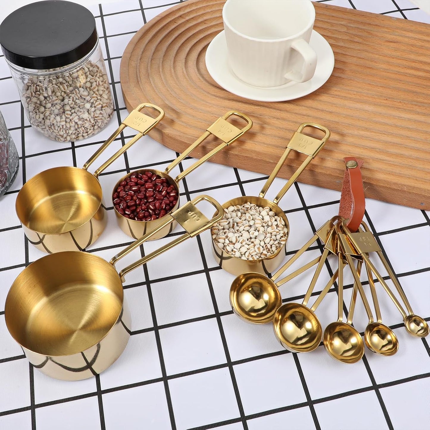 9 PCS GOLD Stainless Steel Measuring Cups and Spoons Set, Gold Nesting Design Teaspoon Stackable Cups and Spoons Heavy Duty Measuring Cup Set for Dry and Liquid Ingredients and Baking, Cooking(Golden)