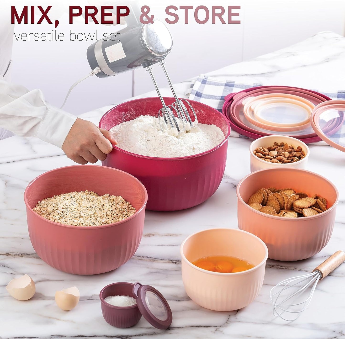 COOK WITH COLOR Prep Bowls with Lids- Wide and Deep Nesting Plastic Small Mixing Bowl Set with Lids, 8 Piece Set - Wide Bowls, Blue