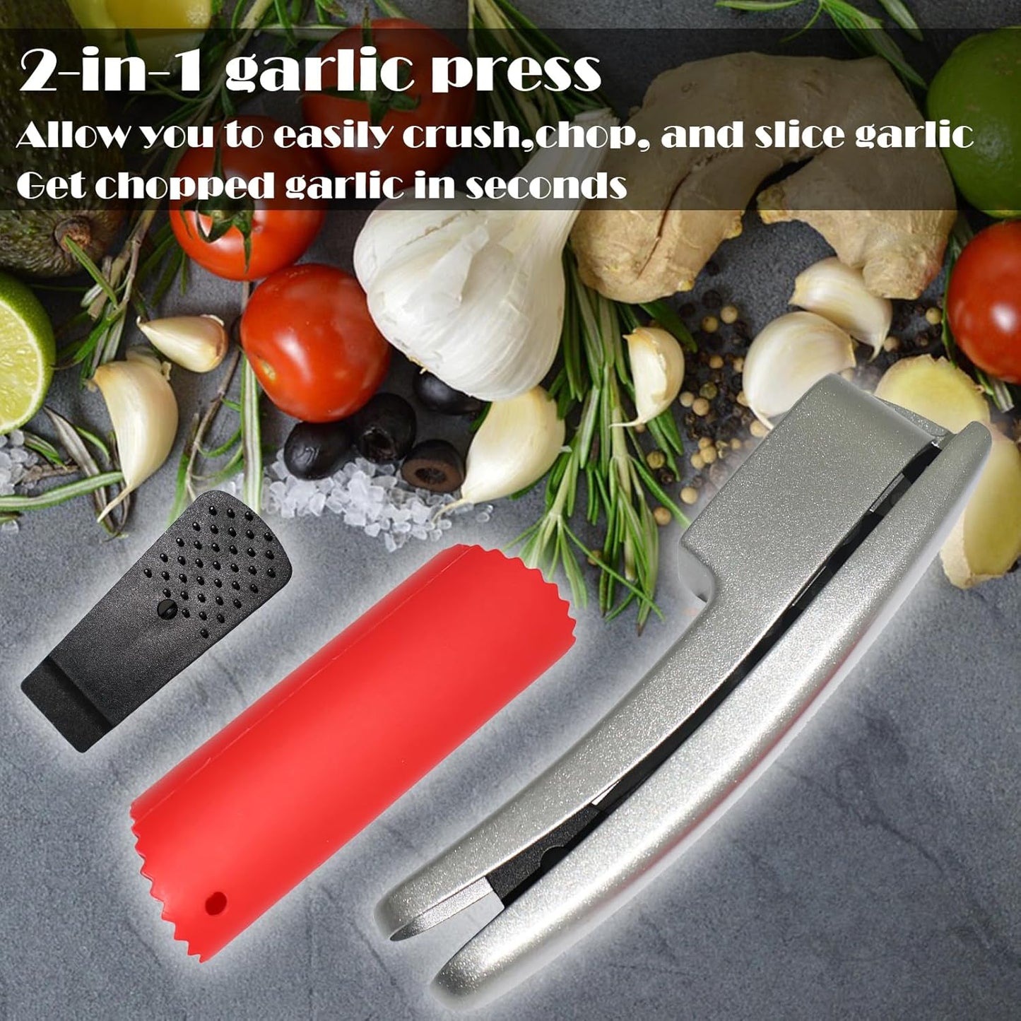 2-in-1 Professional Garlic Press and Peeler Set, Aluminium Press with Built-in Cleaner, Manual Crusher and Mincer for Unpeeled Garlic Cloves,Fast And Portable Garlic Peeler