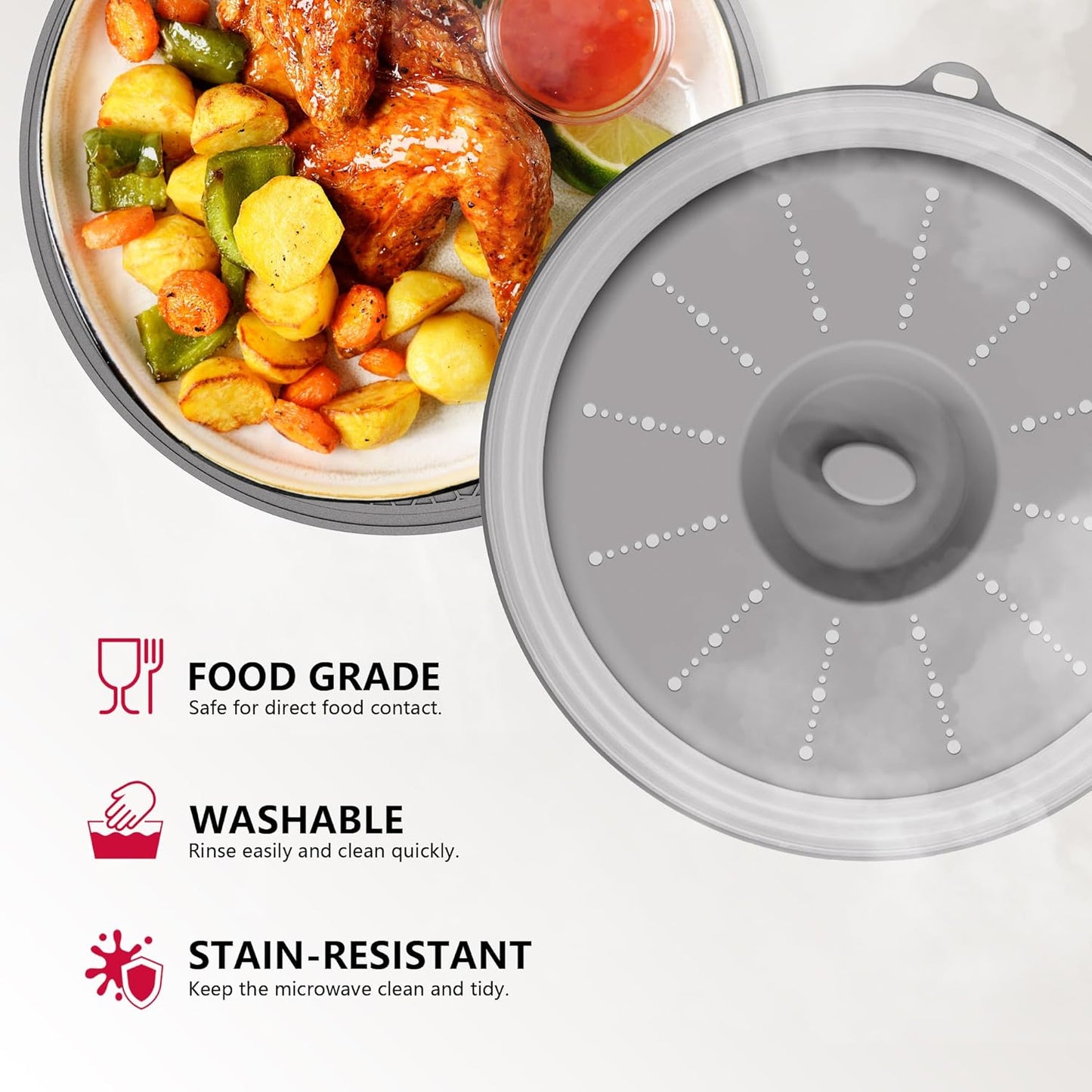 WVM Microwave Splatter Cover Vented for Food with Hook Hole, Splatter Guard & Colander Kitchen Gadget for Food, Meal Prep, Grey