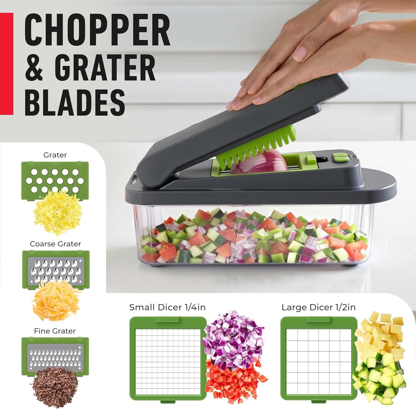 Mueller Pro-Series 10-in-1, 8 Blade Vegetable Chopper, Onion Mincer, Cutter, Dicer, Egg Slicer with Container, French Fry Cutter Potato Slicer, Home Essentials, Salad Chopper White Sand/Green