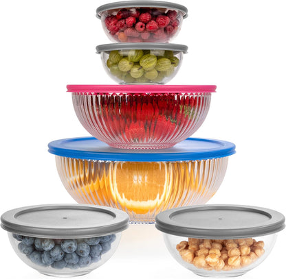 Set of 5 Nesting Glass Bowls with New Updated Acacia Lids for Foodprep, Storage, Mixing & Cooking - Microwave & Oven-ready BPA Free Durable Heat Resistant Inert Borosilicate Glass