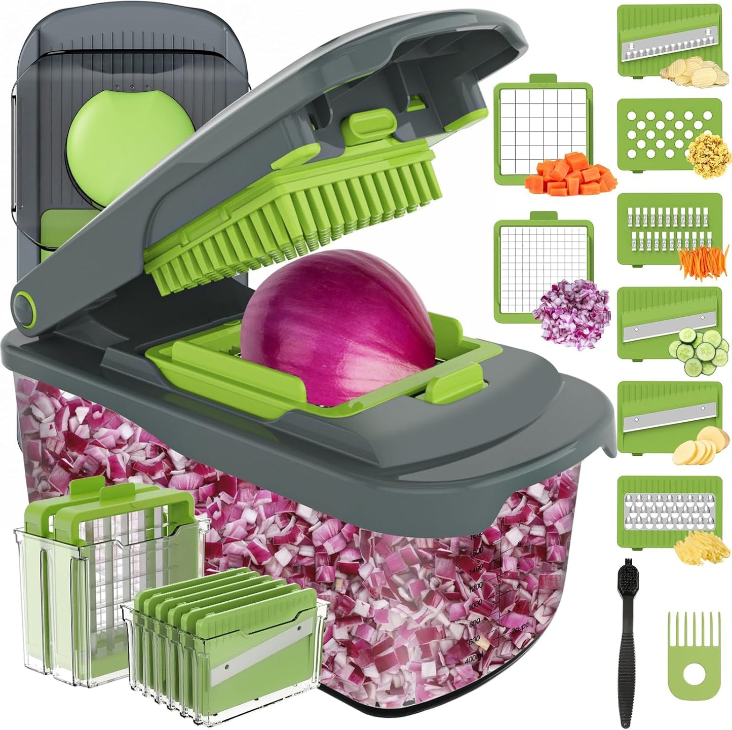 Ourokhome Veggie Chopper and Dicer with Container, Manual Hand Food Mandolin Slicer with 4 in 1 Handheld Vegetable Spiralizer for Zucchini, Potato, Onion, Essential Kitchen Gadgets (12 in 1, Gray)