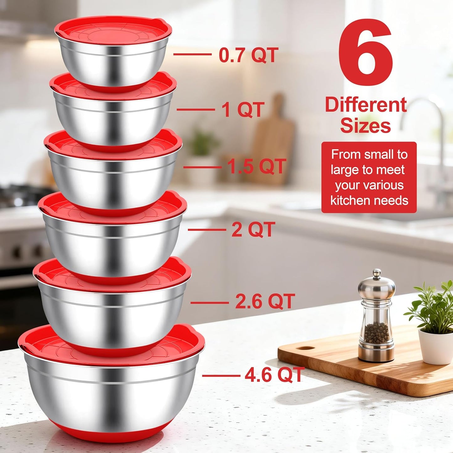 TeamFar Mixing Bowls, Black Mixing Bowls with Lids Set, Stainless Steel Nesting Salad Bowl with Air-tight Lid & Silicone Bottom, Non Slip & Stackable - Set of 6-4.6/2.6/2 / 1.5/1 / 0.7 Qt