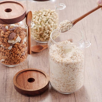 KOSKIMER Coffee and Sugar Container Set, Glass Coffee Jars with Wooden Lids and Scoops, Decorative Sugar Tea Creamer Canisters for Kitchen Countertop (25oz)