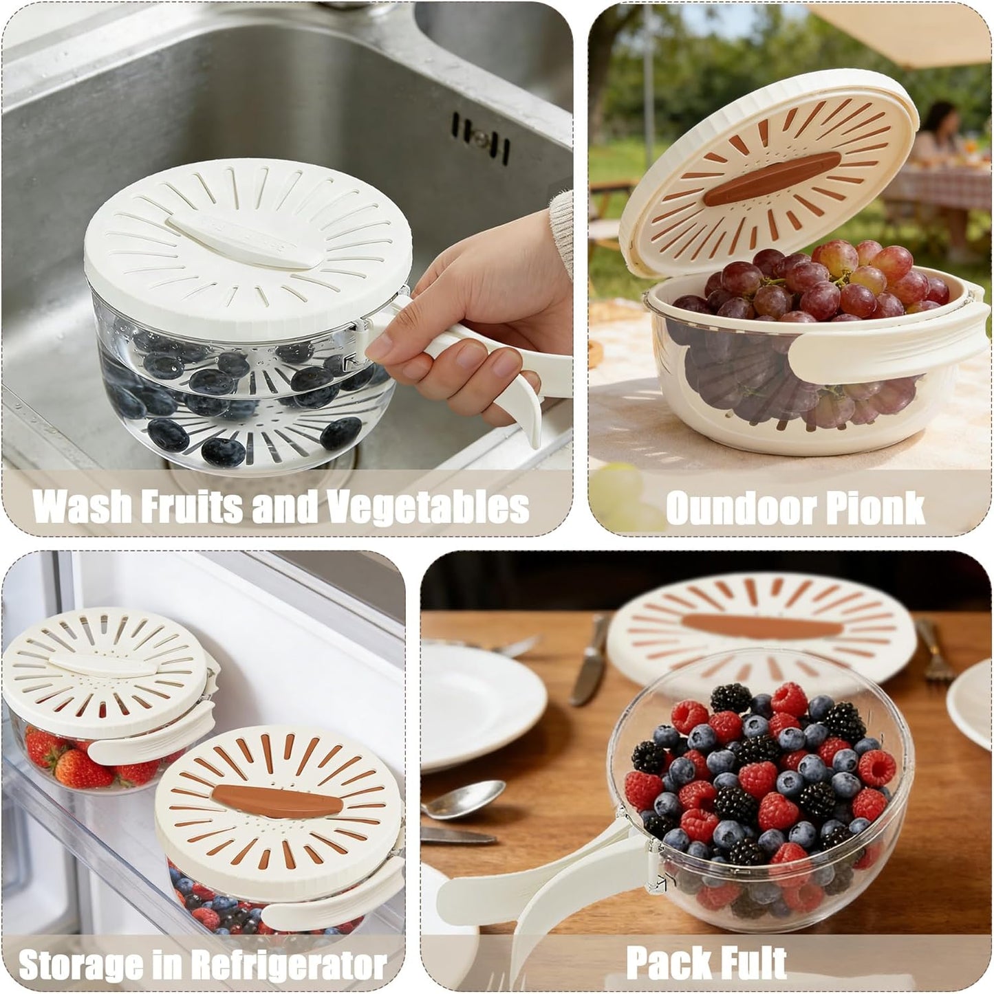 2026 New Draining Basket with Lid, Fruit Drainer Container with Handle, 2 in 1 Multi-function Drain Basket, For Rinsing Straining Vegetable Washing Fruit Portable Storage Container (Brown)