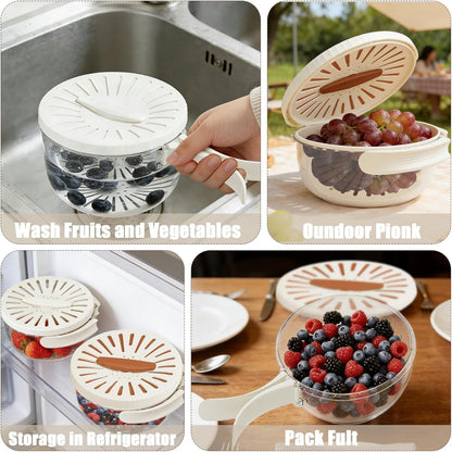 2026 New Draining Basket with Lid, Fruit Drainer Container with Handle, 2 in 1 Multi-function Drain Basket, For Rinsing Straining Vegetable Washing Fruit Portable Storage Container (Brown)