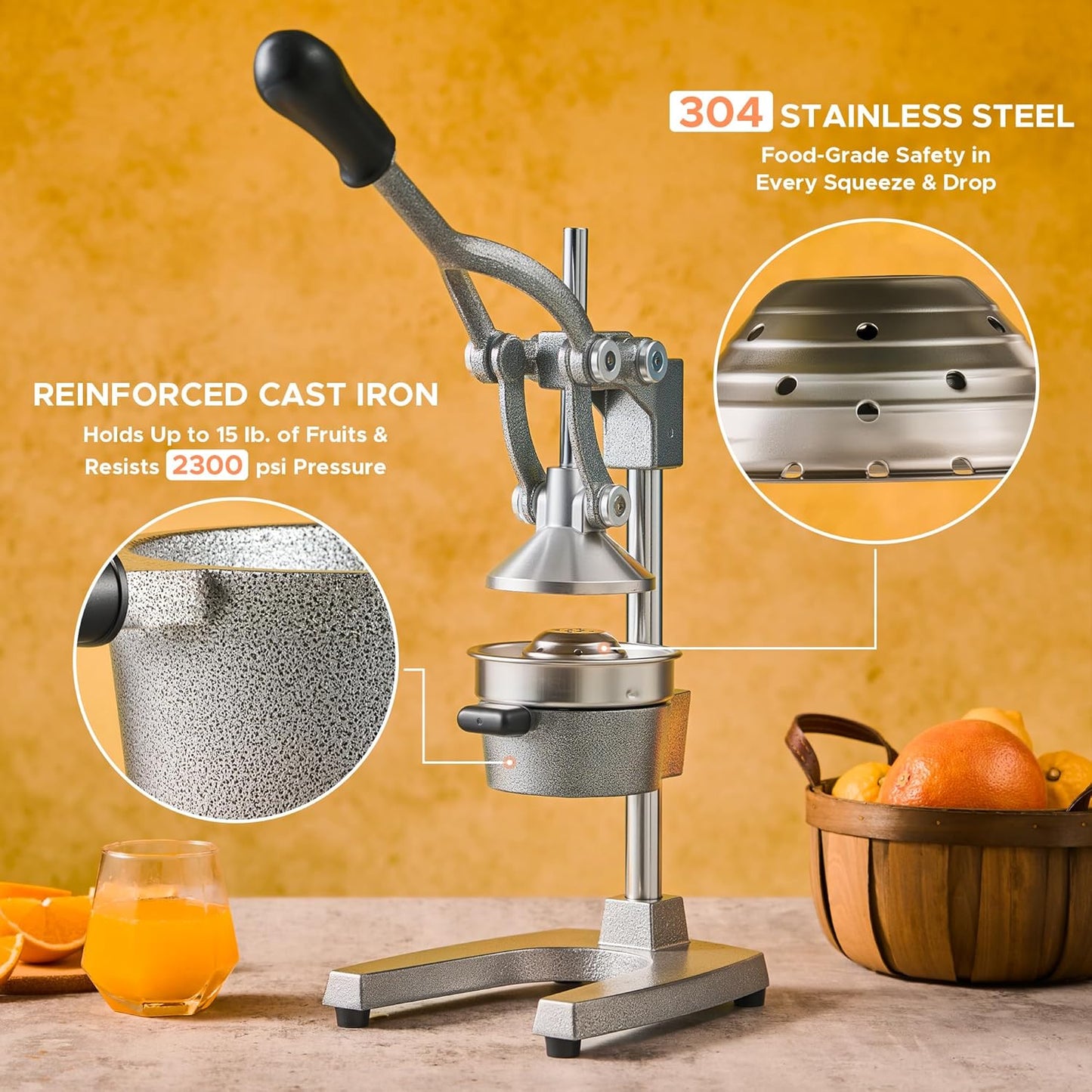 CO-Z Manual Citrus Juicer, Commercial Grade Cast Iron Orange Juicer, Professional Heavy Duty Juice Press with Removable Strainer, Manual Juice Extractor for Orange Lemon Pomegranate Citrus, Black