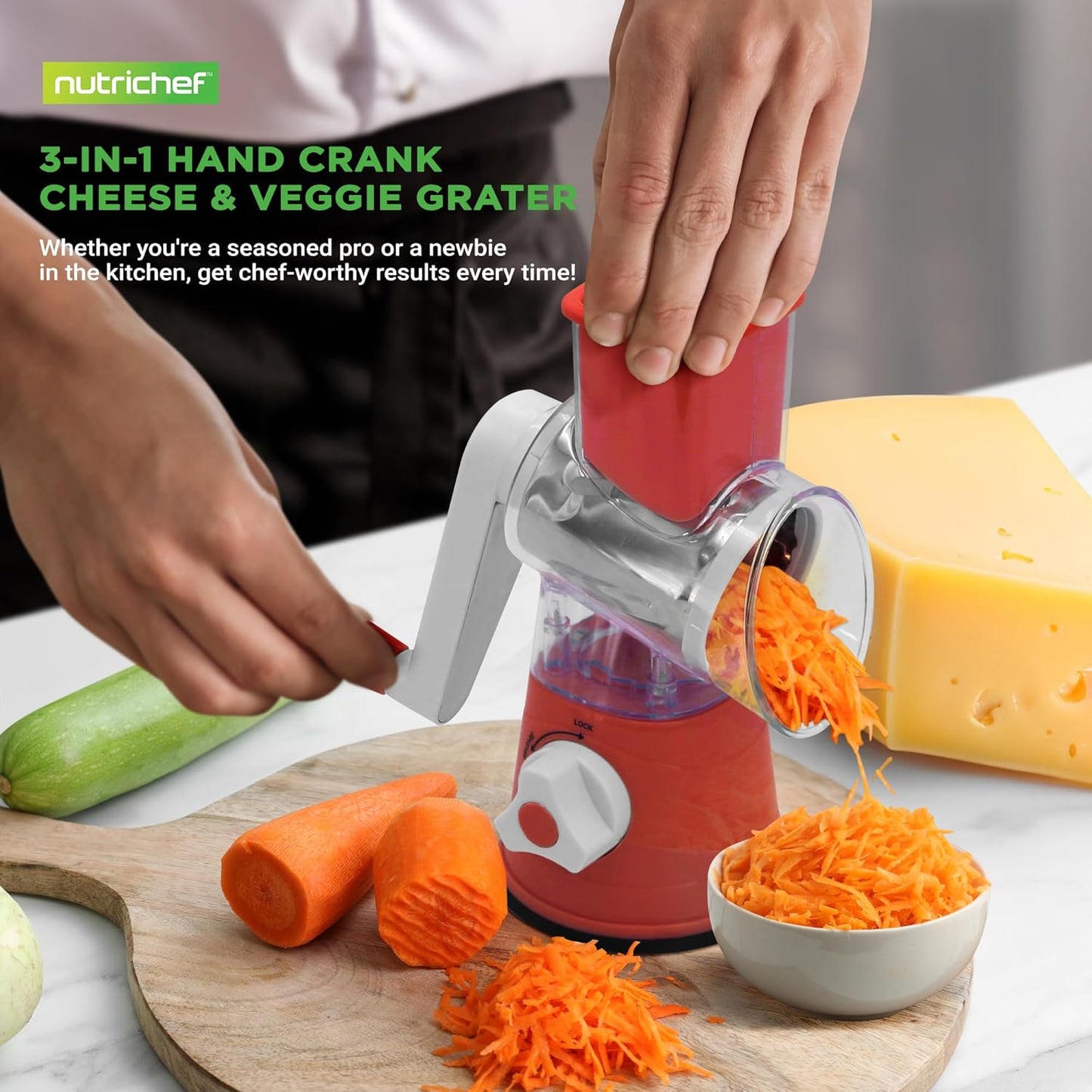 Nutrichef 3 in 1 Cheese Grater & Shredder | Strong Suction Base, Rotary Handle with Safety Lock | Includes Cleaning Brush, Hand Crank & 3 Drum Blades for 3 Textures, Fine, Medium & Strips | Black