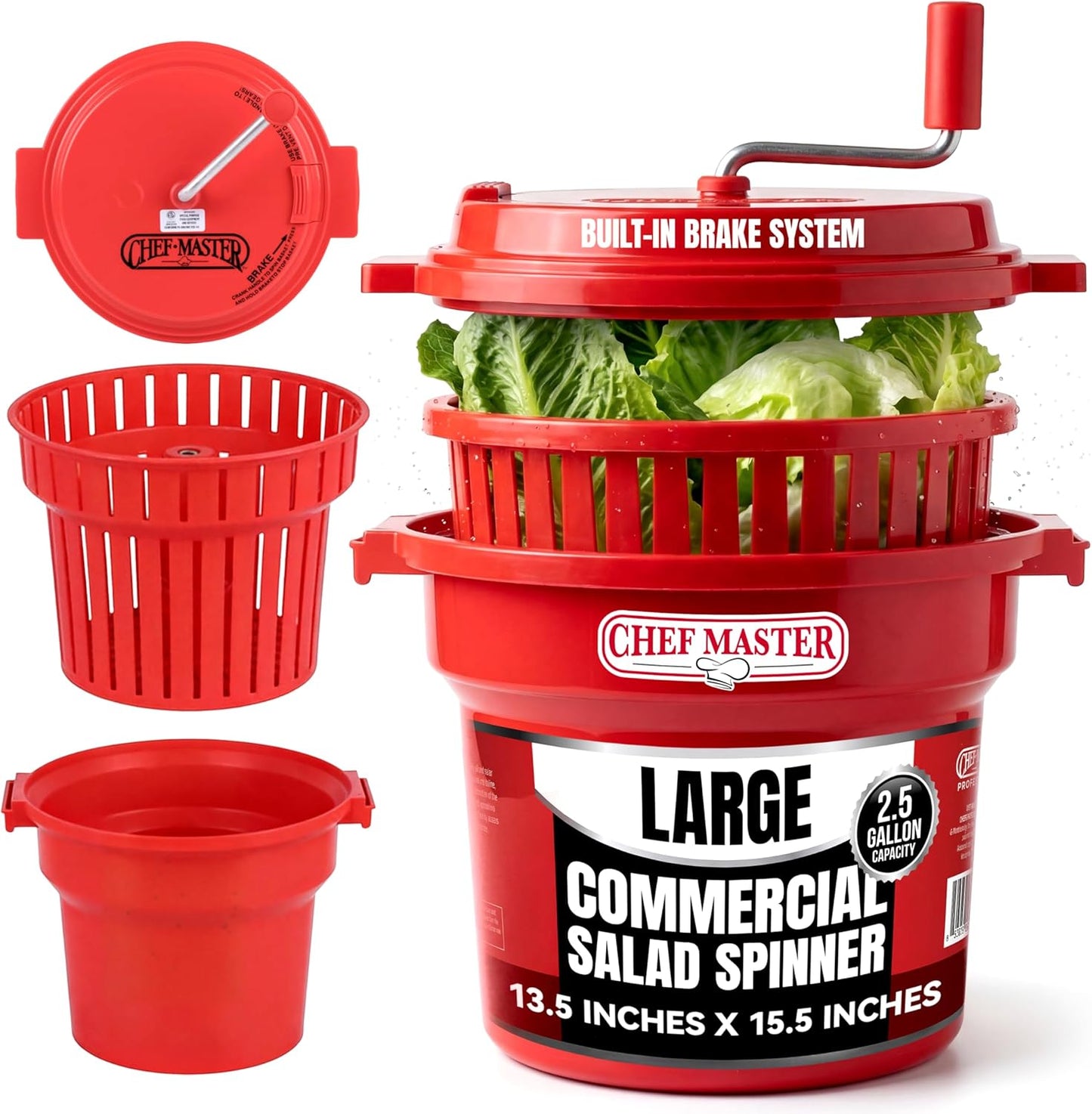 5 Gallon Chef Master Commercial Salad Spinner Dryer – Hand Powered Manual Lettuce Spinner and Fruit Washer Bowl w/ Strainer - Sealed Gearbox, Built In Brake System - Durable Spinner Mechanism - 90005