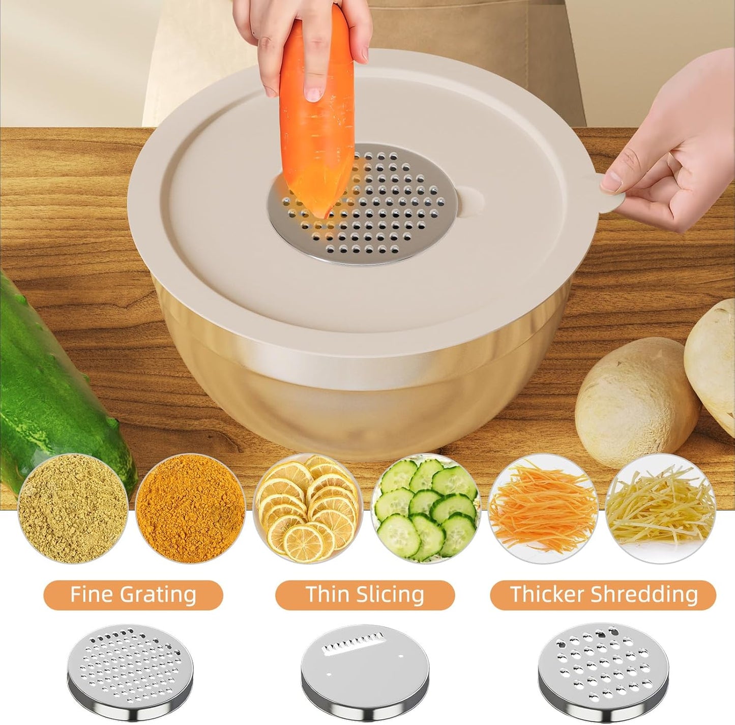 Fyrnova Mixing Bowls with Lids Set, 6 Piece Stainless Steel Nesting Storage Bowls for Kitchen, with 3 Grater Attachments & Non-Slip Bottoms, Size 5.5,3.5,2.5,2.1,1.5,1.1 QT
