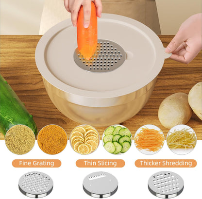 Fyrnova Mixing Bowls with Lids Set, 6 Piece Stainless Steel Nesting Storage Bowls for Kitchen, with 3 Grater Attachments & Non-Slip Bottoms, Size 5.5,3.5,2.5,2.1,1.5,1.1 QT