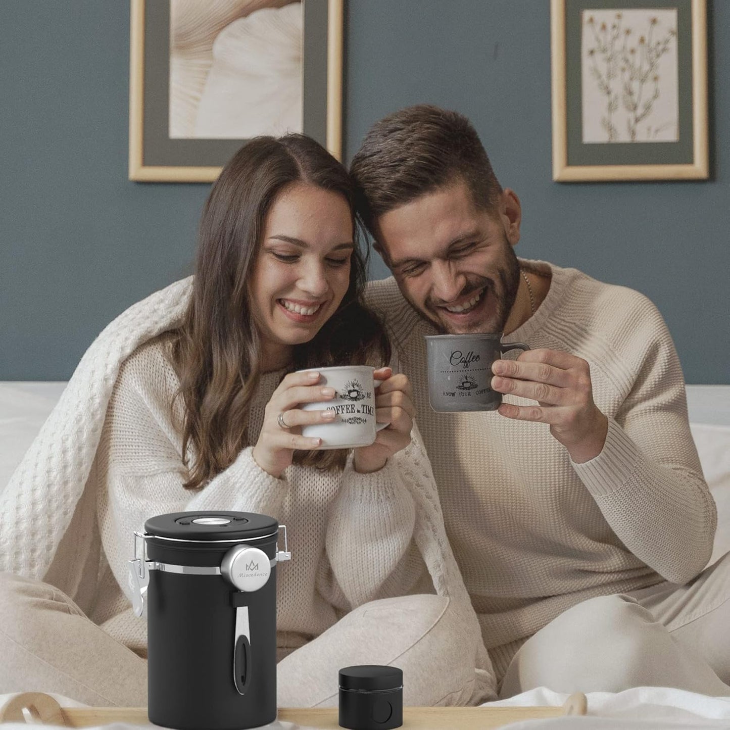 Coffee canister for ground coffee with Scoop Date Tracker One Way Co2 Valve 304 Stainless Steel Kitchen Food Airtight storage container for Coffee Beans,Grounds,Tea,Sugar (Black, 16oz)