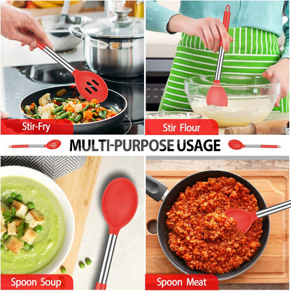 Pack of 4 Large Silicone Cooking Spatulas and Spoons, Slotted and Solid Stainless Steel Cooking Utensils Set, Non-stick Heat Resistant Kitchen for Baking, Fried, Stir-Fry, Mixing, Serving (Black)