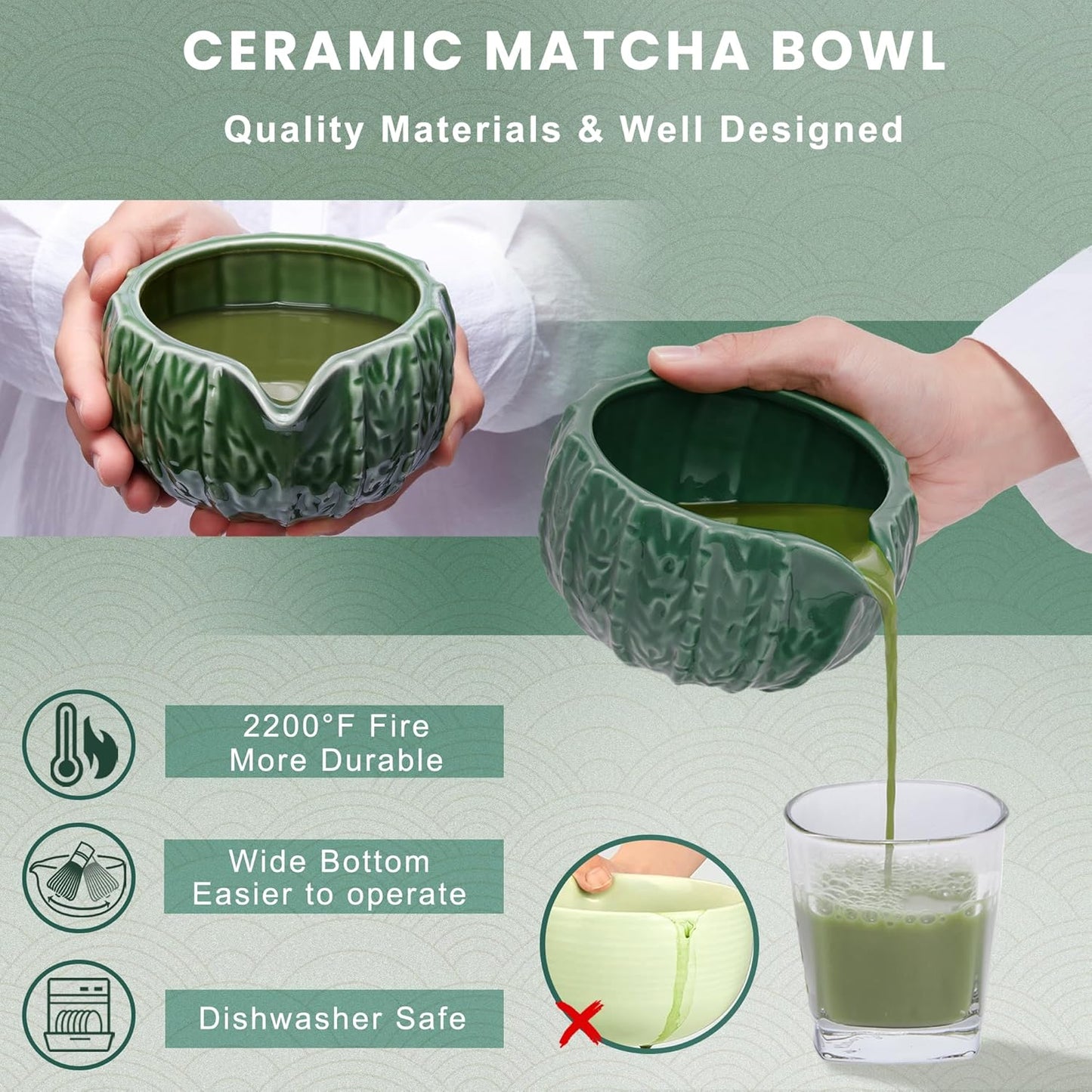 6-Piece Matcha Set, Matcha Whisk (Chasen) & Holder, Matcha Bowl with Spout, Sifter & Spoon, Bamboo & Ceramic, Dark Green