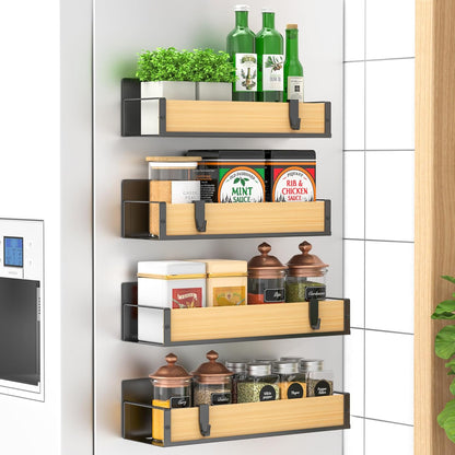 HuggieGems Metal 4 Pack Magnetic Spice Storage Rack Organizer for Refrigerator and Oven, Black Fridge Organizers and Storage, Metal