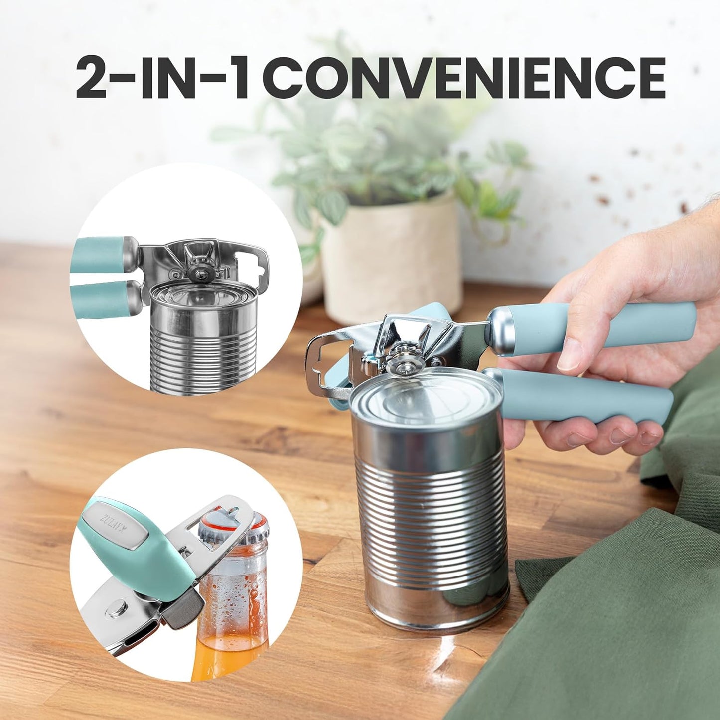 Zulay Kitchen Heavy Duty Stainless Steel Can Opener Manual with Bottle Opener - Rust Proof Manual Can Opener With Turn Knob & Comfy Soft Grip Handles - Black - Colors B