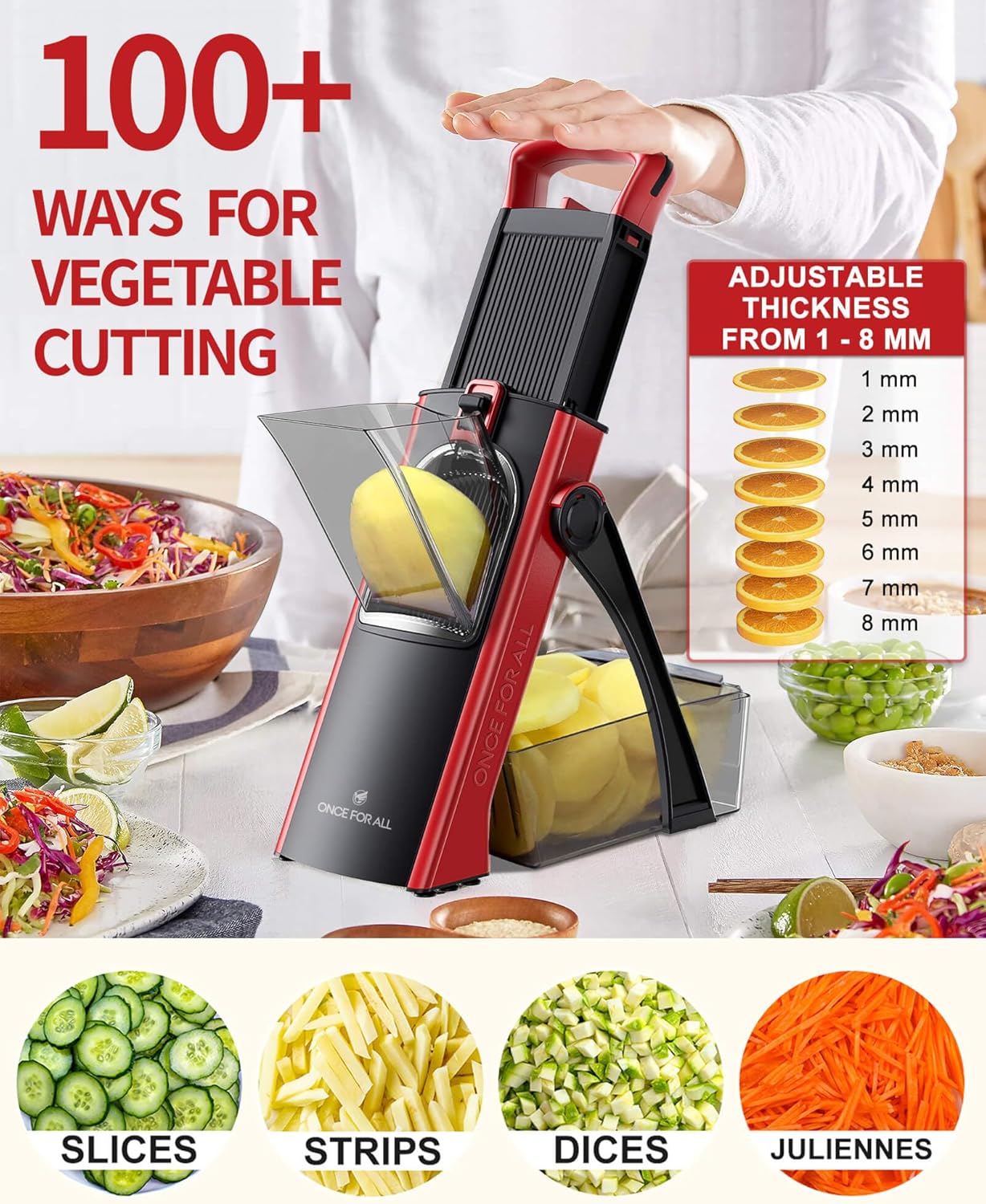 ONCE FOR ALL Upgrade Safe Mandoline Slicer Plus, Adjustable Vegetable Food Chopper Potato Fries French Fry Cutter, Detachable Blade, Kitchen Chopping Artifact, New Kitchen Gift (DarkGray)