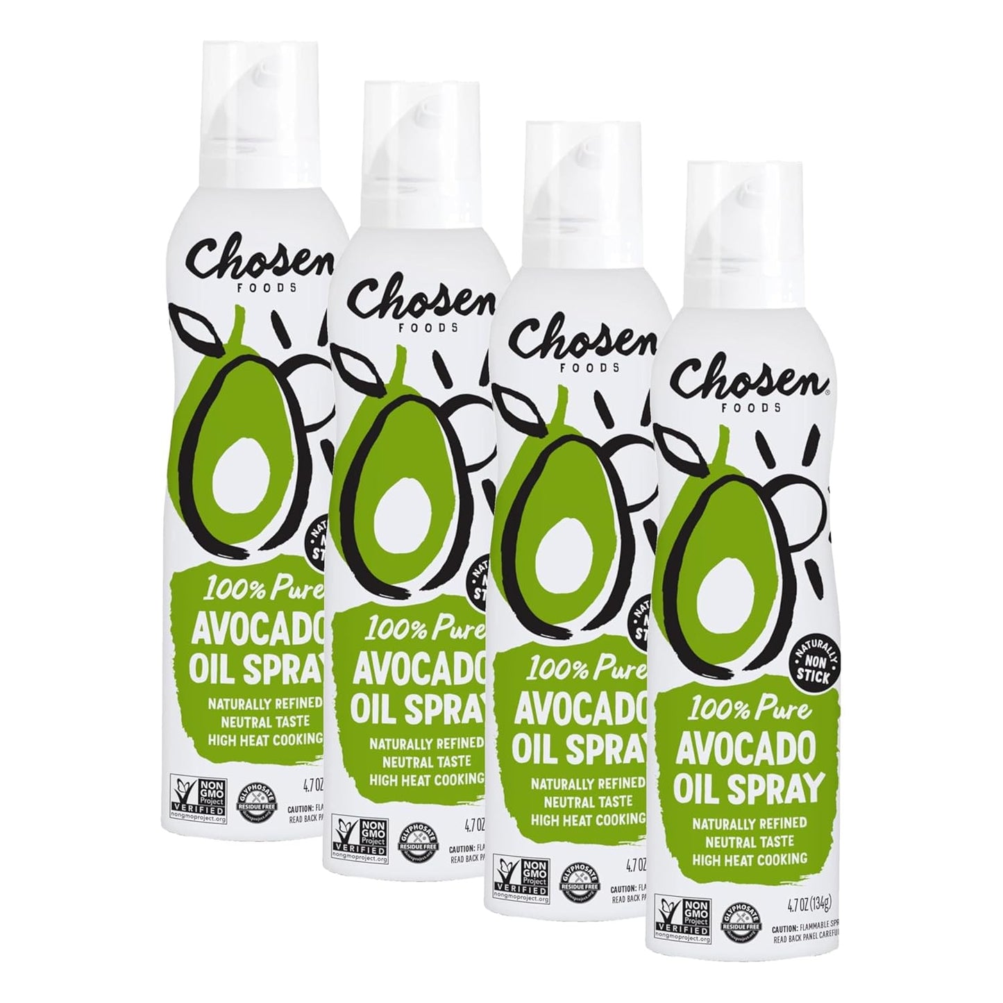 Chosen Foods 100% Pure Avocado Oil Spray 4.7 oz. (1 Pack), Non-GMO, 500°F Smoke Point, Propellant-Free, Air Pressure Only for High-Heat Cooking, Baking and Frying