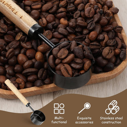Stainless Steel Wood 1 Teaspoon Scoop, Wood Long Handle Coffee-Bean Scoops, 1 Tablespoon Coffee Scoop, Measuring Scoops for Coffee, Tea, Spices (Black, 15ML, 6 Inch)
